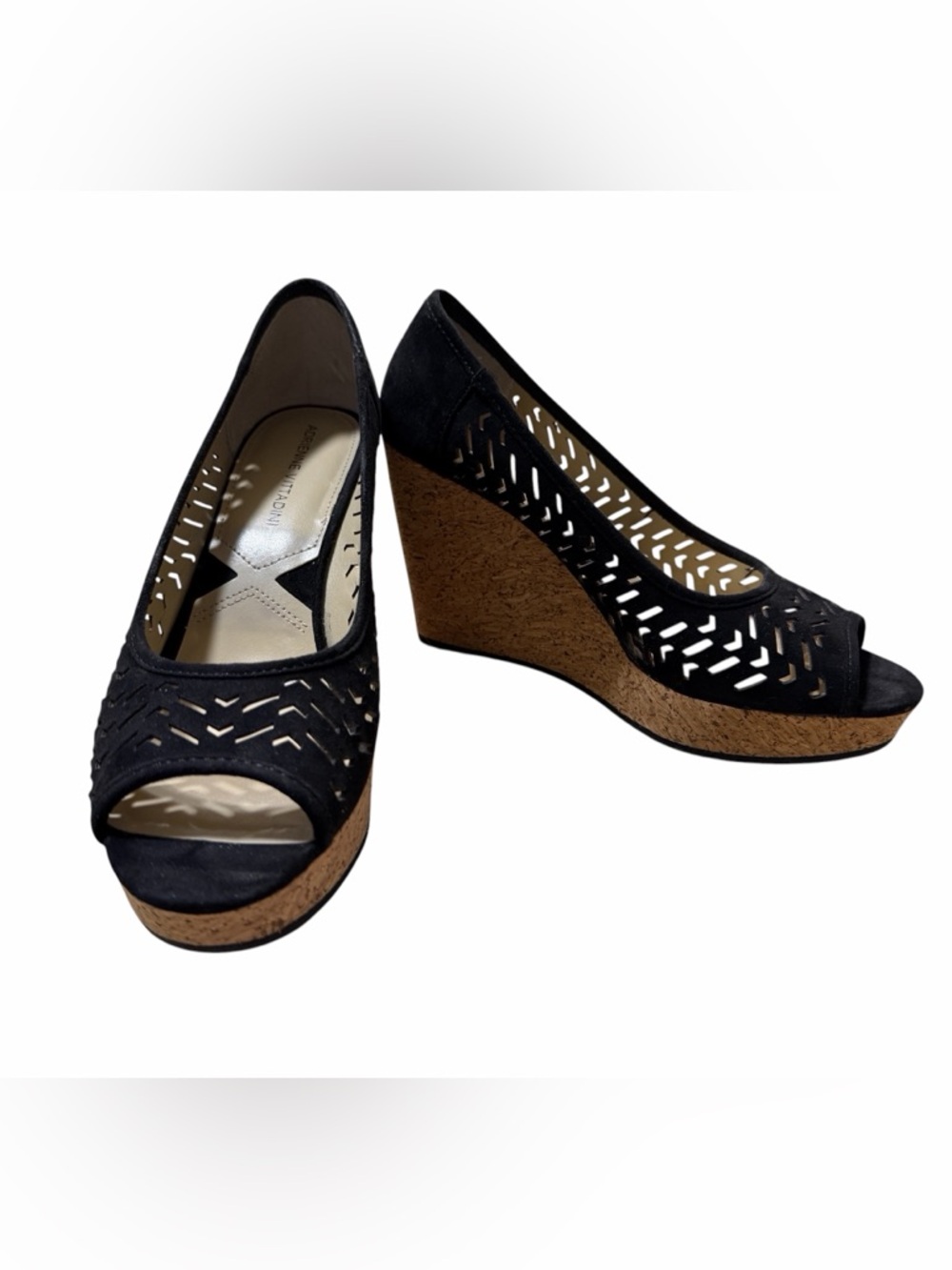 Adrienne Vittadini Black Laser-Cut Cork Wedge Peep Toe